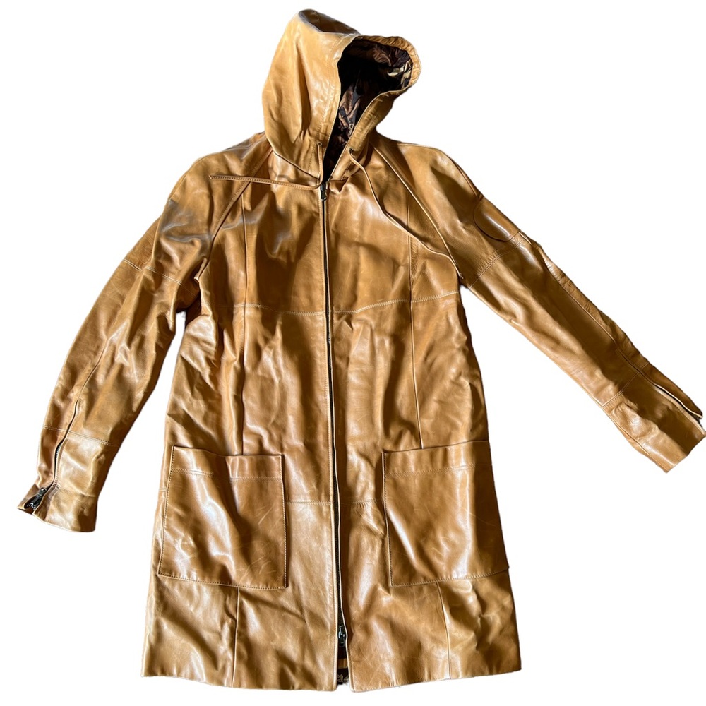 STEPHEN Tan Italian Leather 100% Real Leather Womens Zip Hooded Jacket size L